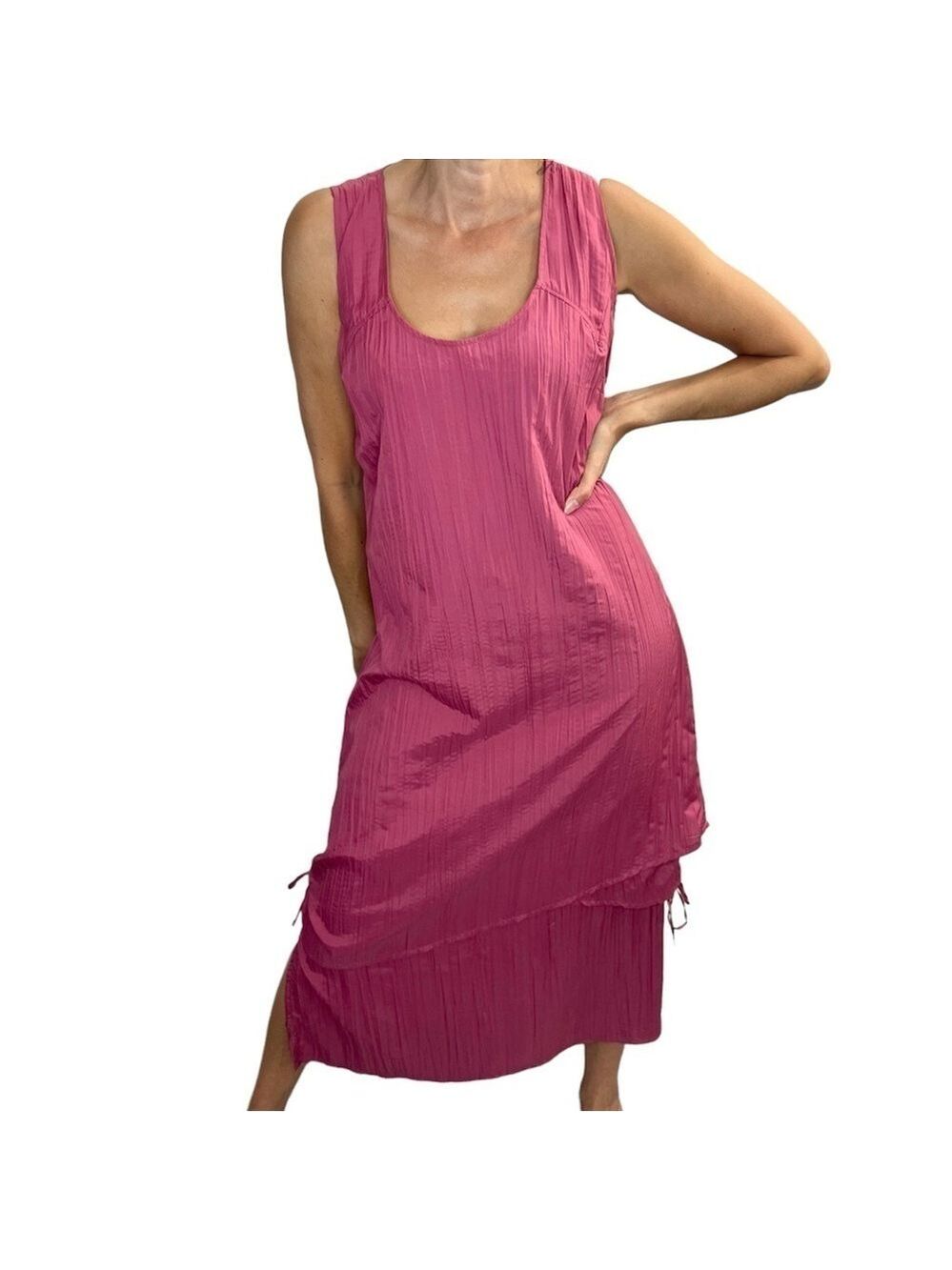 Jacques Ruc France berry pink crinkly tiered sleeveless maxi dress M